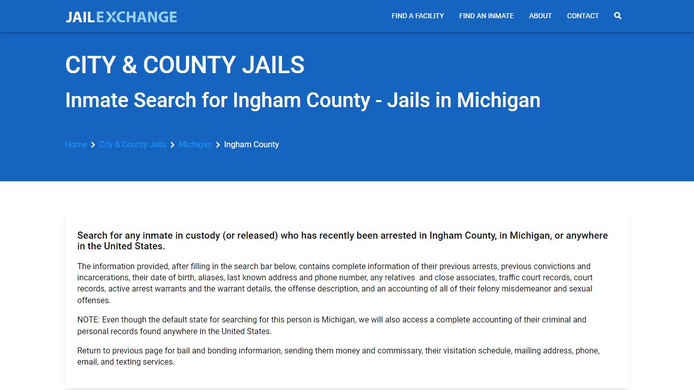 Locate an inmate in Ingham County, Michigan - Jail Exchange